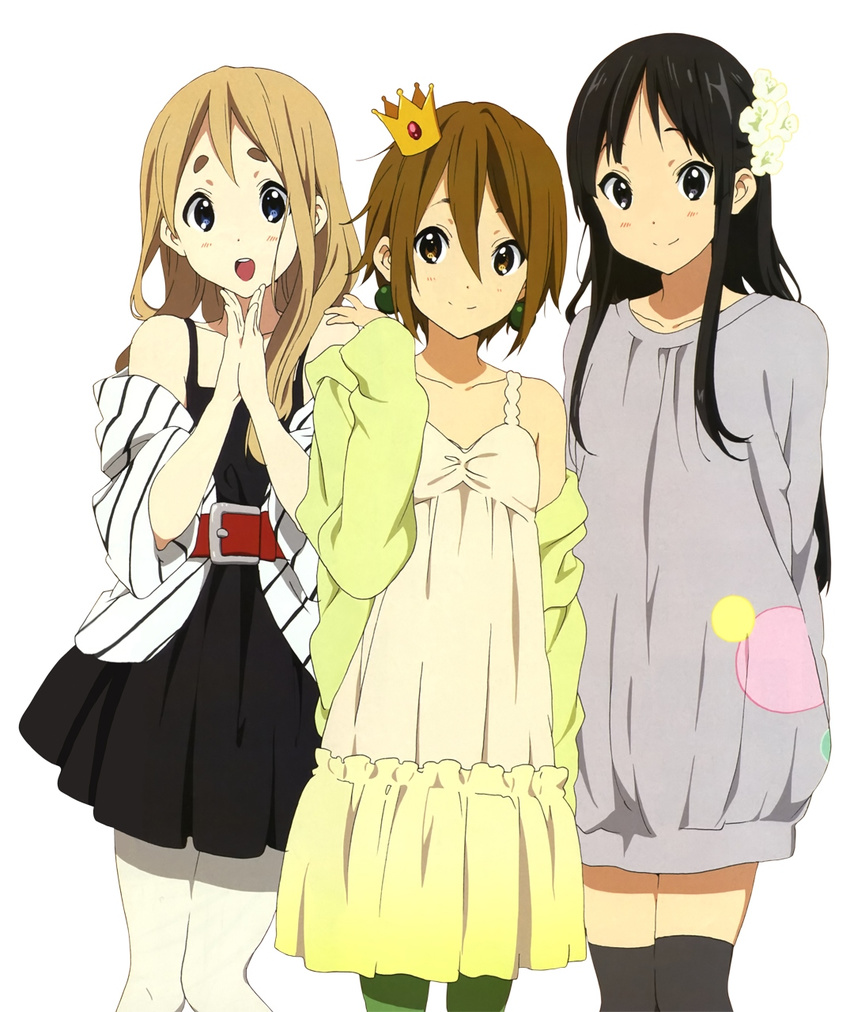 akiyama_mio alternate_hairstyle black_eyes black_hair blonde_hair blue_eyes brown_eyes brown_hair crown earrings highres horiguchi_yukiko jewelry k-on! kotobuki_tsumugi long_hair magazine_scan mini_crown multiple_girls official_art pantyhose scan simple_background tainaka_ritsu thighhighs white_background