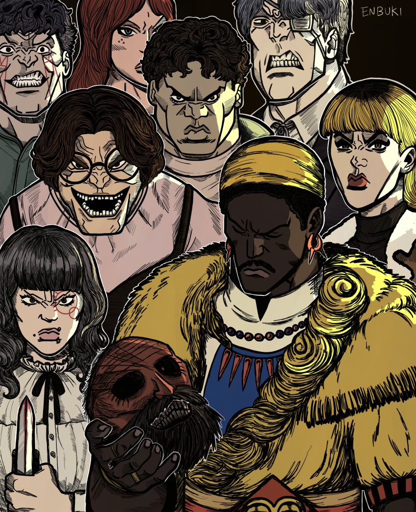 4boys 4girls :d abella_(fear_&amp;_hunger) absurdres african_clothes artist_name bald bead_necklace beads beard black_background black_hair black_ribbon black_shirt blonde_hair blood blood_on_knife bomber_jacket brown_hair brown_jacket burnt camisole camisole_over_clothes clenched_teeth closed_eyes closed_mouth daan_(fear_&amp;_hunger) dark-skinned_male dark_skin disembodied_head earrings enbukii eyepatch face_piercing facial_hair fear_&amp;_hunger_(series) fear_&amp;_hunger_2:_termina frilled_shirt frilled_shirt_collar frills fur_trim glasses grey_hair hat highres holding holding_detached_head holding_knife invincible_(series) jacket jewelry karin_(fear_&amp;_hunger) knife levi_(fear_&amp;_hunger) long_hair long_sleeves looking_at_viewer marcoh_(fear_&amp;_hunger) marina_(fear_&amp;_hunger) meme mouth_piercing multicolored_hair multiple_boys multiple_girls mustache nas'hrah_(fear_&amp;_hunger) neck_ribbon necklace o'saa_(fear_&amp;_hunger) olivia_(fear_&amp;_hunger) open_mouth parody piercing pink_shirt red_hair ribbon roots_(hair) severed_head shirt short_hair smile teeth turtleneck turtleneck_shirt viltrumite_group_shot_(meme) white_shirt yellow_hat