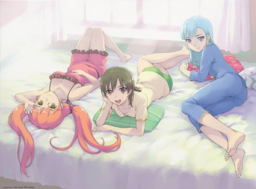 absurdres barefoot bed brown_eyes brown_hair feet fin_e_ld_si_laffinty highres kyouno_madoka long_hair lying morisawa_haruyuki muginami multiple_girls on_back on_bed on_side on_stomach orange_hair pajamas pillow purple_eyes rinne_no_lagrange smile soles toes twintails upside-down yellow_eyes