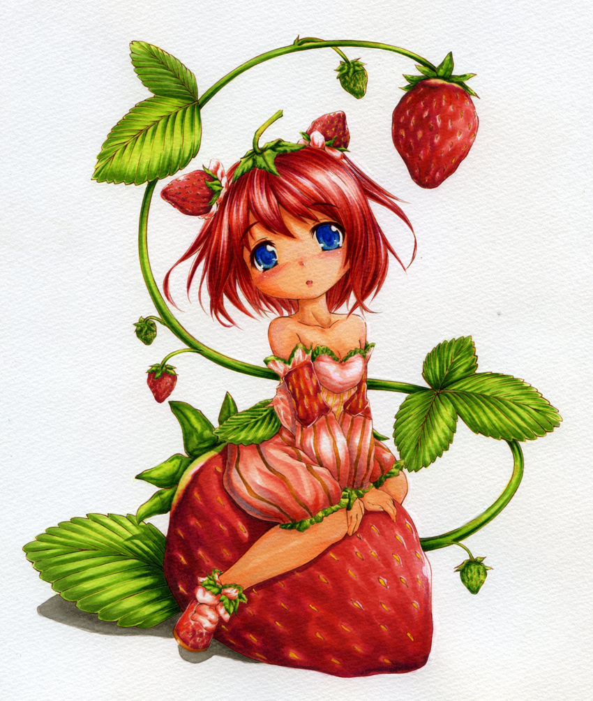 blue_eyes blush breasts cleavage detached_sleeves dress fairy food food_themed_clothes fruit highres minigirl original oversized_object personification red red_dress red_hair shoes silvessterio sitting skirt small_breasts solo strawberry