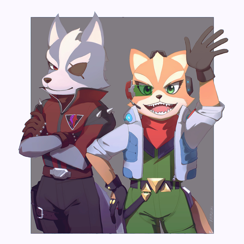 2019 5_fingers anthro belt black_nose brown_fur canid canine canis clothed clothing crossed_arms dipstick_tail duo eye_patch eyewear fox fox_mccloud fur gloves green_eyes grey_fur hand_on_hip hi_res jacket katazuki looking_at_viewer male mammal multicolored_tail nintendo open_mouth red_eyes scarf signature spikes star_fox teeth video_games waving white_fur wolf wolf_o'donnell
