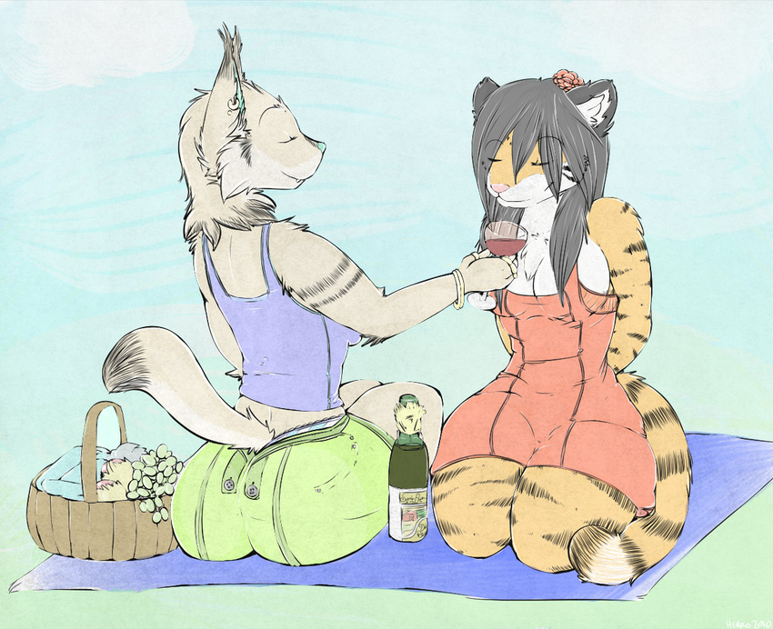 anthro beverage big_thighs bracelet butt chest_tuft clothing duo ear_piercing eyes_closed feline female flower flower_in_hair fur glass grey_hair hair happy herro jewelry lynx mammal picnic piercing shirt tank_top tiger tuft wine