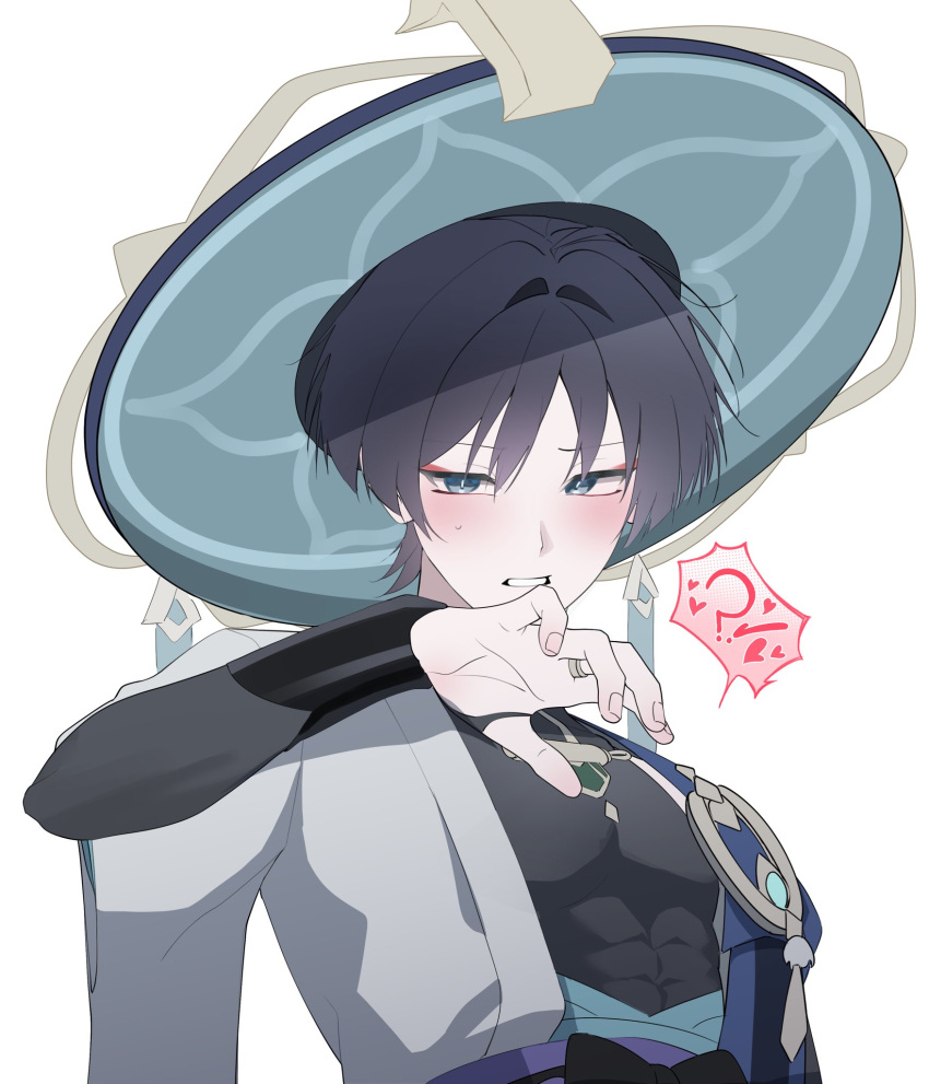 1boy armor black_bodysuit black_bow black_hair blue_cape blue_eyes blue_gem blue_hat blue_kimono blunt_ends blush bodysuit bow bridal_gauntlets bright_pupils cape choppy_bangs commentary covered_abs embarrassed eyeliner feathers fingernails furisode gem genshin_impact gold gold_ring grey_bridal_gauntlets hair_intakes hand_up hat highres japanese_armor japanese_clothes jingasa juban kimono kote kurokote makeup male_focus mandala middle_ring open_clothes open_hand open_kimono open_mouth pom_pom_(clothes) portrait purple_sash red_eyeliner sash scaramouche_(genshin_impact) short_sleeves side_cape skalamushu solo speech_bubble sweatdrop toned toned_male tsurime untranslatable_commentary wanderer_(genshin_impact) white_background white_kimono white_mouth white_pupils white_sleeves yellow_feathers