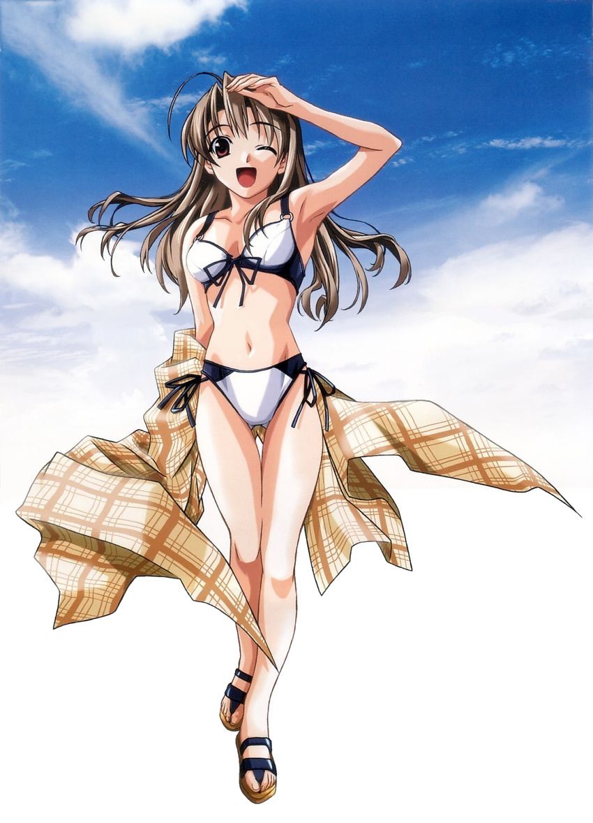 ;d ahoge arm_up armpits artist_request bikini brown_eyes brown_hair day front-tie_top highres navel o-ring o-ring_top one_eye_closed open_mouth pia_carrot_(series) pia_carrot_e_youkoso!!_3 sandals side-tie_bikini sky slippers smile source_request swimsuit takai_sayaka thigh_gap towel