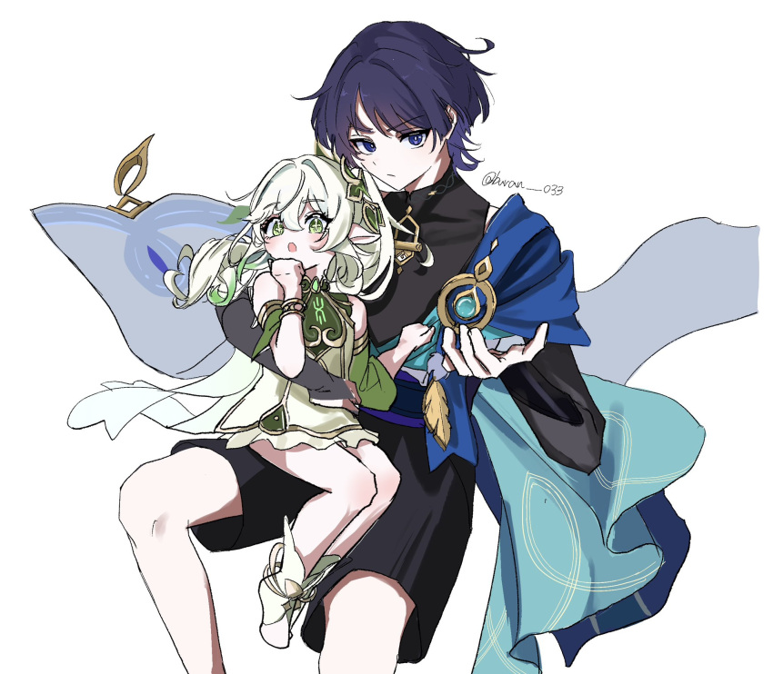 1boy 1girl anklet arm_around_another's_back armlet armor belt black_belt black_bodysuit black_bridal_gauntlets black_shorts blue_cape blunt_ends blush bodysuit bracelet bridal_gauntlets bright_pupils buran_033 cape choppy_bangs clenched_hand closed_mouth colored_tips covered_collarbone cross-shaped_pupils detached_sleeves dress eyelashes feathers furisode gem genshin_impact gold green_dress green_eyes green_gem green_hair green_sleeves green_socks hair_intakes hair_ornament hand_on_another's_stomach hand_on_another's_waist hand_up height_difference highres japanese_armor japanese_clothes jewelry kimono kote kurokote leaf leaf_hair_ornament long_hair looking_at_viewer looking_to_the_side mandarin_collar multicolored_hair nahida_(genshin_impact) open_hand open_mouth pom_pom_(clothes) purple_eyes purple_hair purple_sash sash scaramouche_(genshin_impact) short_dress shorts shoulder_peek side_cape side_ponytail sidelocks sitting sitting_on_lap sitting_on_person socks symbol-shaped_pupils toeless_socks tsurime twitter_username wanderer_(genshin_impact) white_background white_hair white_pupils yellow_feathers