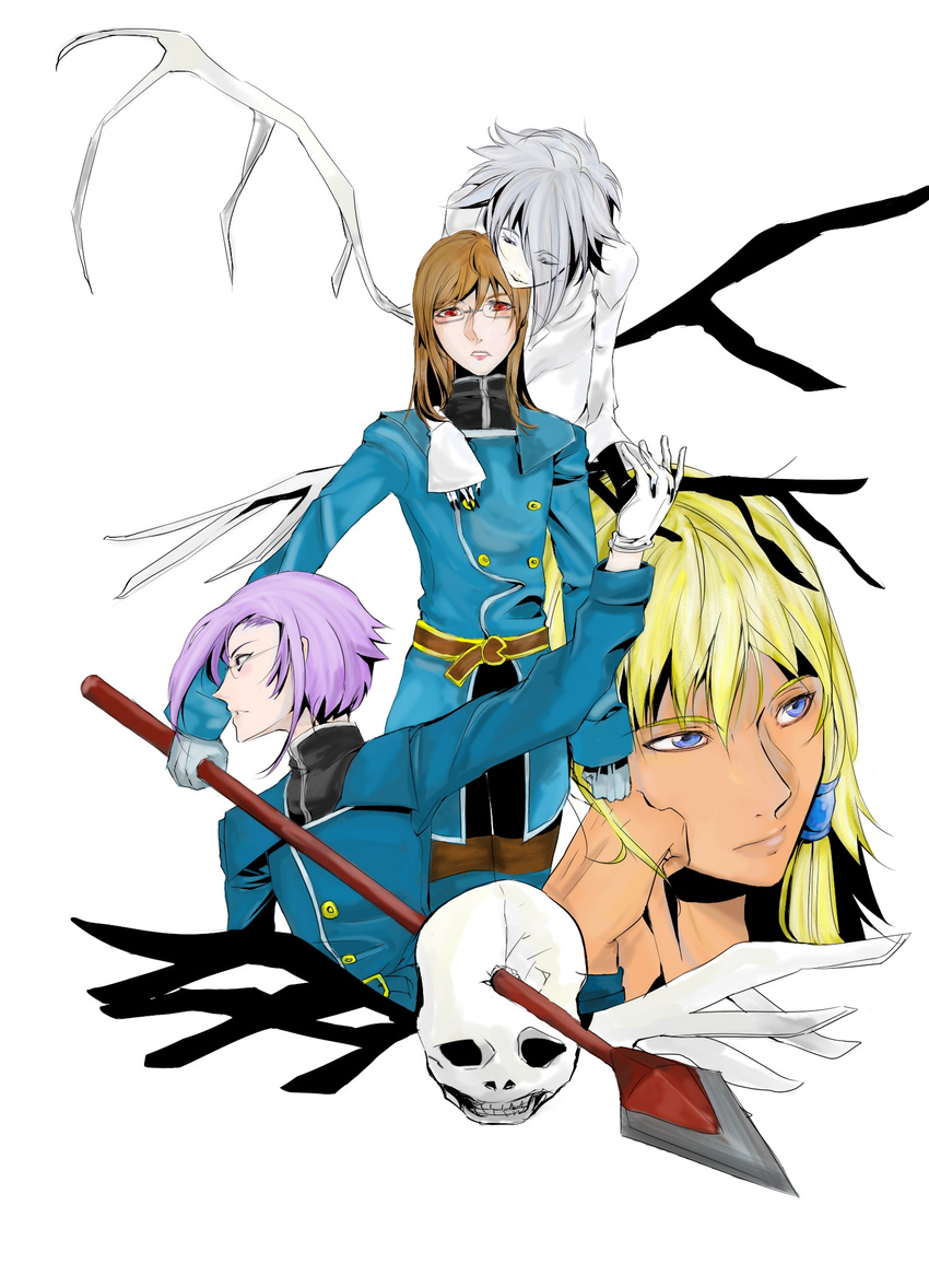 1girl 3boys belt blonde_hair blue_eyes brown_hair coat dist gelda_nebilim glasses grey_hair highres jade_curtiss long_hair multiple_boys peony_ix polearm purple_eyes purple_hair red_eyes short_hair skull spear tales_of_(series) tales_of_the_abyss weapon wings