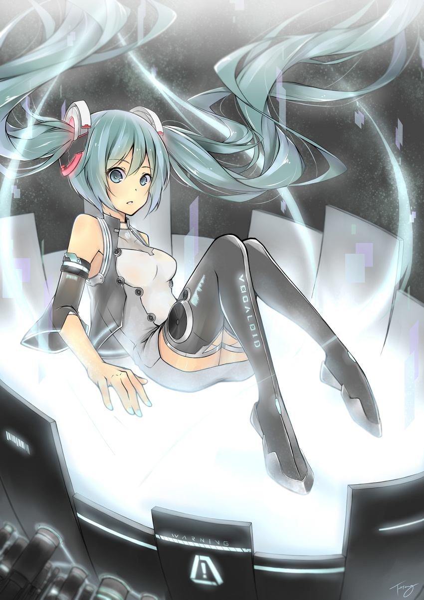 absurdres aqua_eyes aqua_hair bare_shoulders boots detached_sleeves fhang hatsune_miku highres long_hair open_mouth sitting solo thigh_boots thighhighs twintails very_long_hair vocaloid zettai_ryouiki