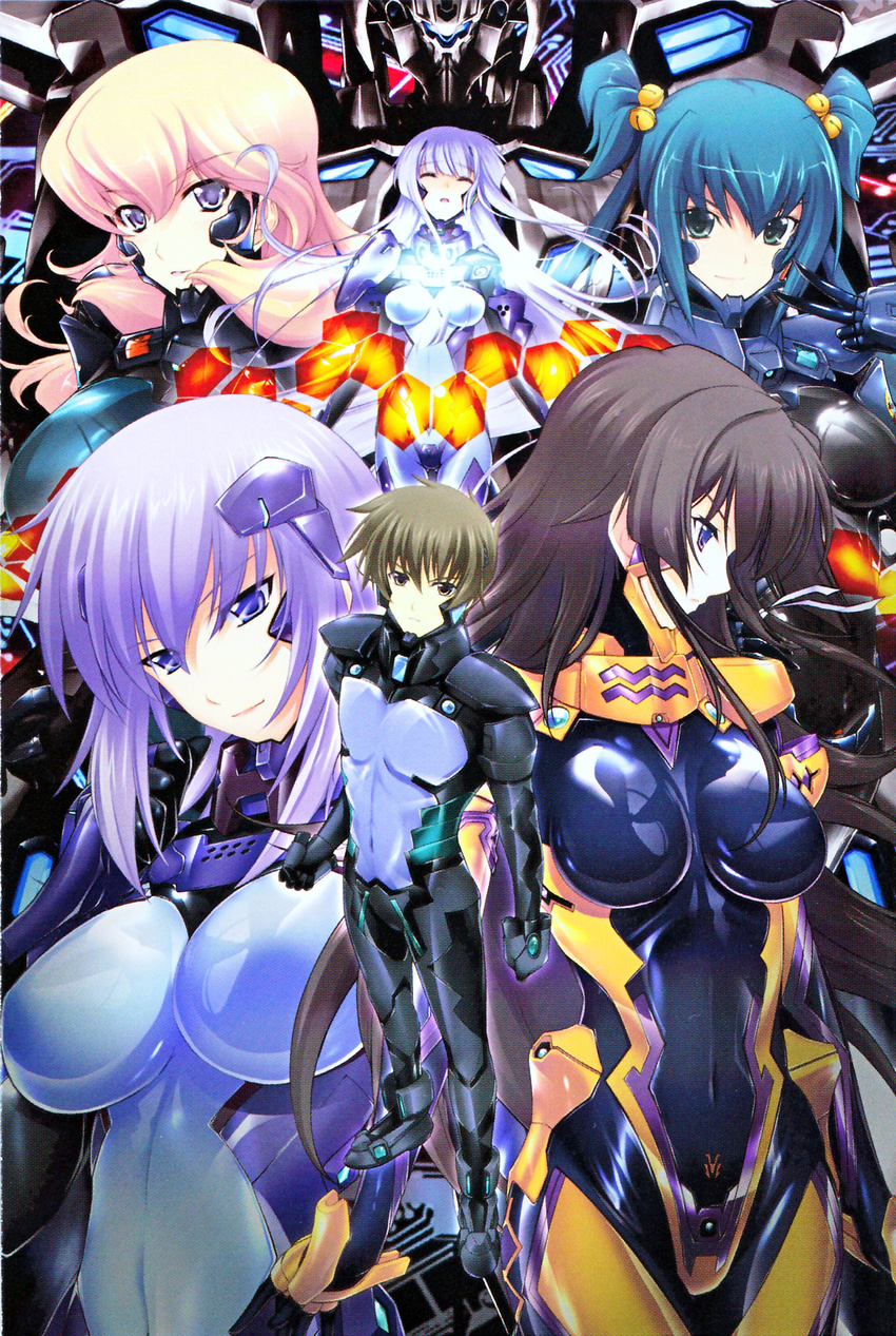 5girls absurdres artist_request black_bodysuit blonde_hair blue_bodysuit blue_eyes blue_hair bodysuit breasts brown_eyes brown_hair cryska_barchenowa cui_yifei green_eyes green_hair hair_ornament highres inia_sestina large_breasts long_hair multiple_girls muvluv muvluv_alternative muvluv_total_eclipse official_art orange_bodysuit pilot_suit purple_eyes takamura_yui twintails yuuya_bridges