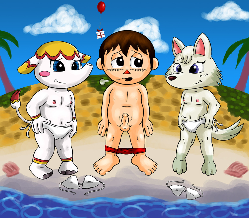 beach bikini canine clothed clothing elephant erection female half-dressed human male mammal margie nintendo penis seaside skimpy swim_trunks swimsuit topless undressing video_games whitney_(animal_crossing) wolf