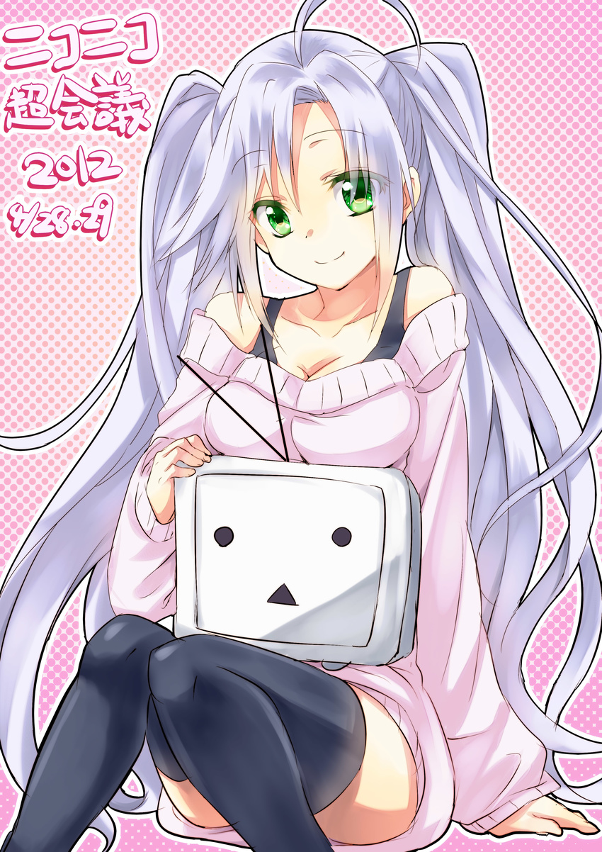 2012 absurdres ahoge bare_shoulders black_legwear breasts cleavage dated green_eyes highres long_hair maruki_(punchiki) medium_breasts niconico original polka_dot polka_dot_background silver_hair smile terebi-chan thighhighs translated