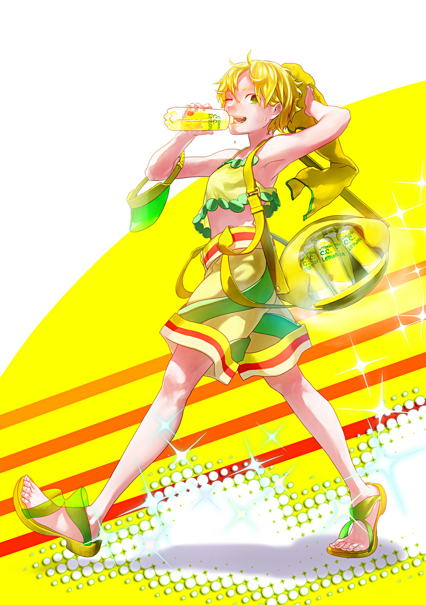 armpits bad_id bad_pixiv_id bag blonde_hair bottle c.c._lemon c.c._lemon_(character) drinking feet green_eyes highres midriff one_eye_closed sandals senni short_hair shorts solo visor_cap walking