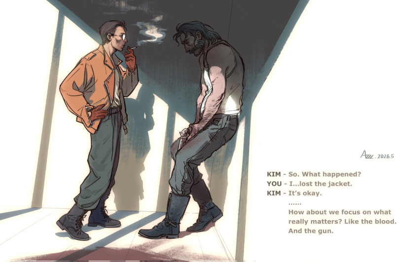 2boys arm_hair azzz_6687 bomber_jacket boots cigarette disco_elysium dutch_angle english_text facial_hair full_body gloves hair_slicked_back hand_on_own_hip harry_du_bois highres holding holding_cigarette jacket kim_kitsuragi leaning_back looking_at_another male_focus mullet multiple_boys mutton_chops orange_gloves orange_jacket round_eyewear shadow shirt smoke smoke_trail smoking tank_top white_shirt