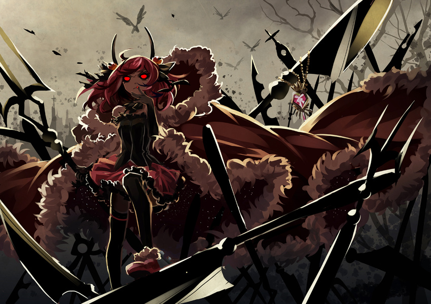 armor bird cape horn original pink_hair polearm red_eyes short_hair skirt sword thighhighs trident tsukii weapon