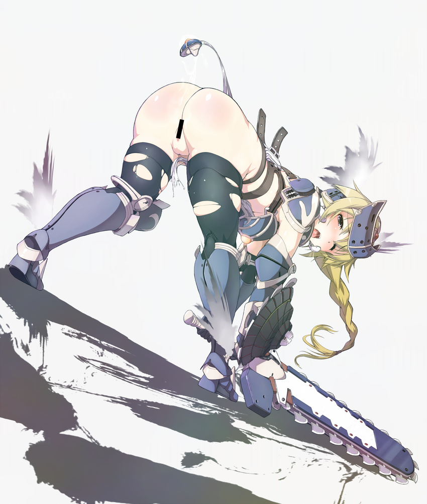 1girl absurdres again alternate_hair_color armor ass bent_over black_legwear blonde_hair blush boots censored female from_behind highres long_hair looking_back mirim open_mouth pussy queen's_blade queen's_blade_rebellion queen's_blade queen's_blade_rebellion shield solo standing sword thighhighs torn_clothes weapon wince wink