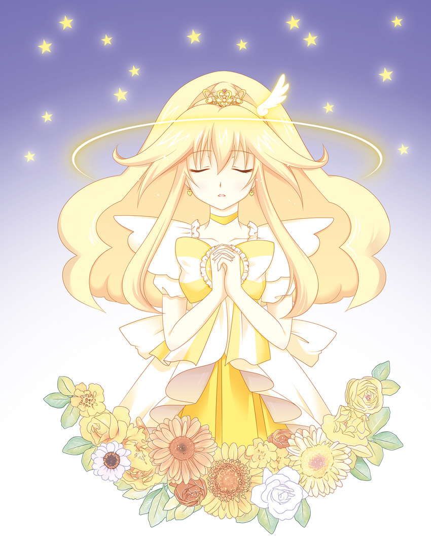 adapted_costume ahiduck alternate_costume blonde_hair bow choker closed_eyes cure_peace earrings flower hair_flaps hair_ornament hands_clasped highres jewelry kise_yayoi long_hair magical_girl own_hands_together ponytail precure princess_form_(smile_precure!) rose skirt smile_precure! solo sunflower tiara white_flower white_rose wrist_cuffs yellow yellow_bow yellow_choker yellow_flower yellow_rose yellow_skirt
