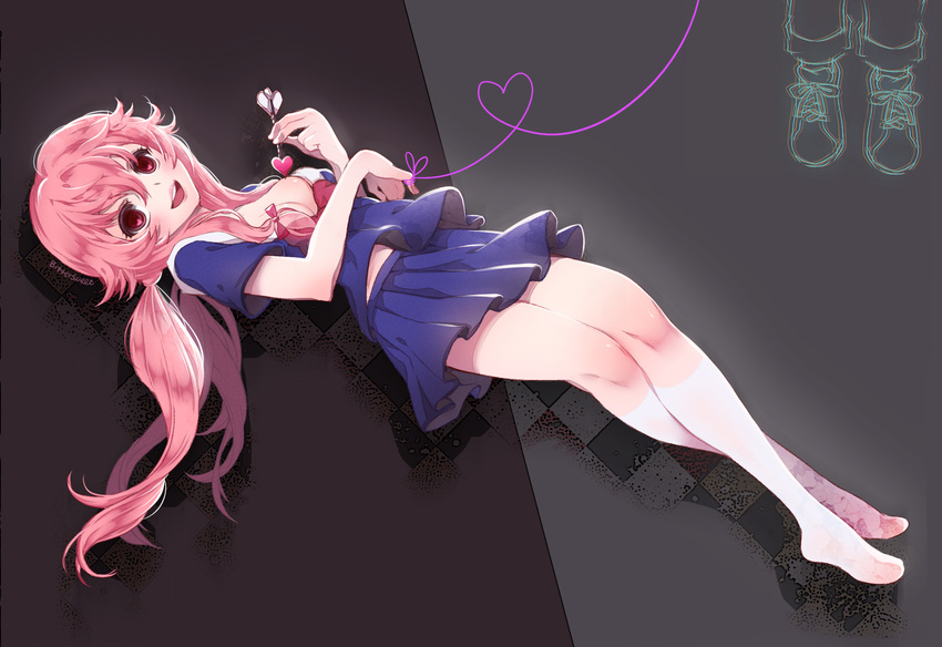 arrow bad_id bad_pixiv_id bittersweet_(dalcoms) bow breasts checkered gasai_yuno hair_between_eyes hair_ribbon heart highres holding long_hair lying medium_breasts mirai_nikki on_back open_mouth pink_hair pleated_skirt red_eyes ribbon school_uniform shoes skirt smile sneakers solo twintails