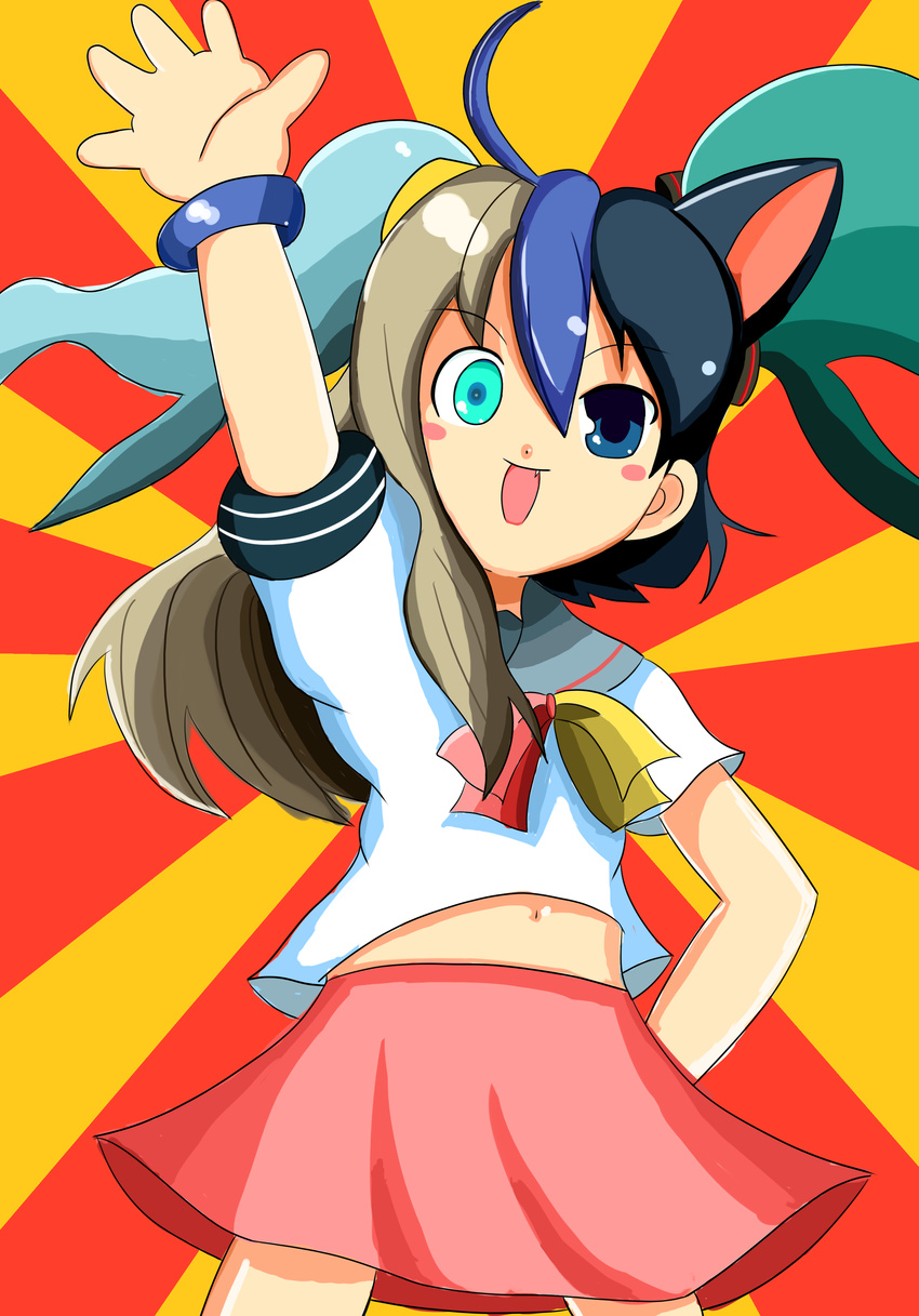 absurdres ahoge animal_ears aqua_eyes bad_id bad_pixiv_id blue_eyes blue_hair blush_stickers bracelet brown_hair cat_ears fang fusion futaba_channel hand_on_hip hand_up heterochromia highres jewelry long_hair macedonian_flag midriff moetron narukami_(nrkm) navel open_mouth school_uniform serafuku short_hair skirt solo sunburst twintails