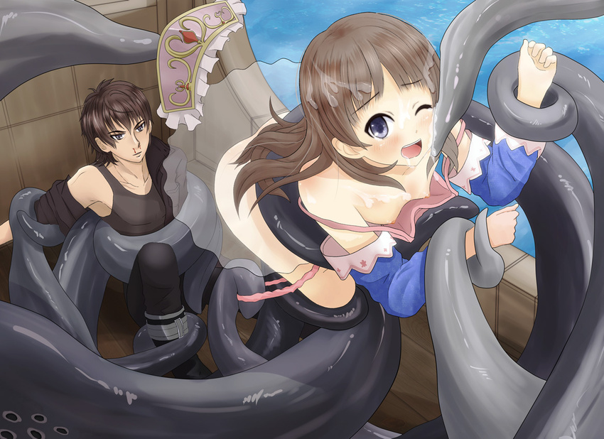 1boy 1girl ass atelier_(series) atelier_totori blood blue_eyes blush boat brown_hair crown cum long_hair nosebleed ocean outdoors restrained ship tentacle tentacles_on_male totooria_helmold undressing water