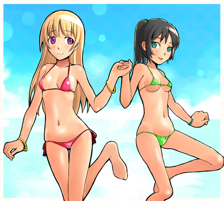 aqua_eyes barefoot bikini black_hair blonde_hair bracelet holding_hands jewelry long_legs multiple_girls navel original ponytail purple_eyes shuuji_(shumi) side-tie_bikini smile swimsuit