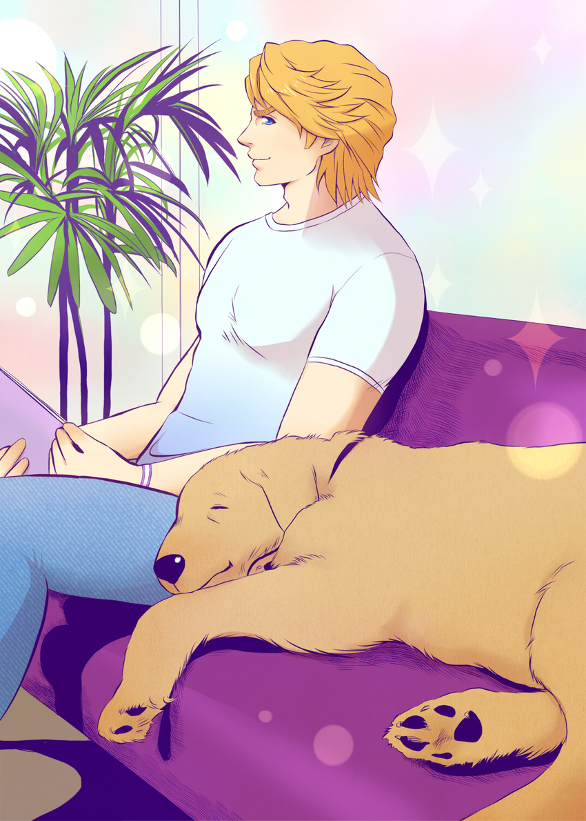 blonde_hair blue_eyes denim dog highres jeans john_(tiger_&amp;_bunny) keith_goodman pants plant potted_plant sparkle tiger_&amp;_bunny