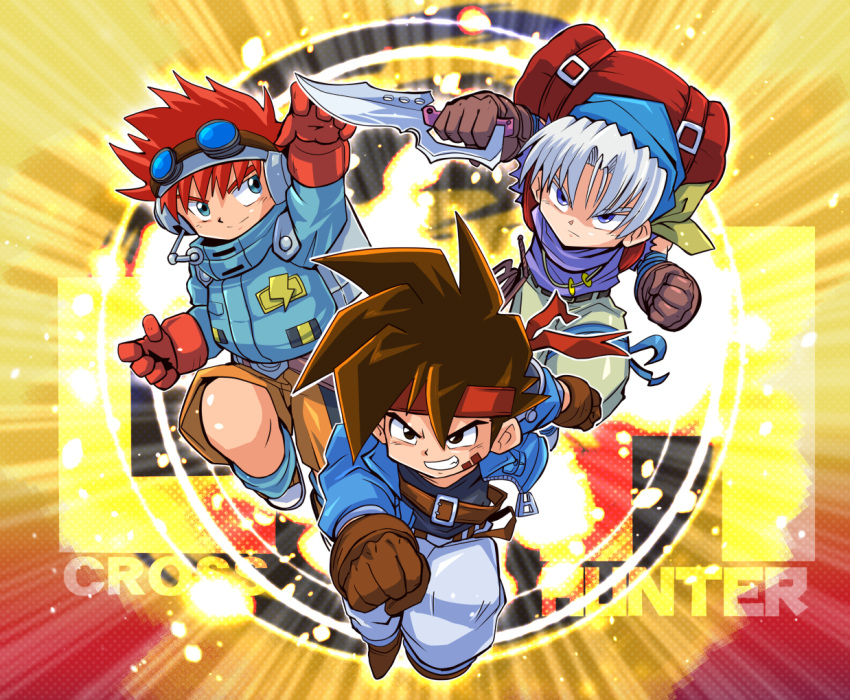 3boys backpack bag belt black_belt black_eyes black_shirt blue_eyes blue_hat blue_jacket blue_shirt blue_socks boots brown_belt brown_boots brown_gloves brown_hair clenched_hand closed_mouth commentary_request copyright_name cross_hunter gloves goggles goggles_on_head green_eyes hat headband headphones headset holding holding_sword holding_weapon hyuuga_(cross_hunter) jacket male_focus multiple_boys open_clothes open_jacket orange_shoes pants red_gloves red_hair red_headband rope_(cross_hunter) sakurajyousui_nami shirou_(cross_hunter) shirt shoes smile socks sword weapon white_hair yellow_pants zipper zipper_pull_tab