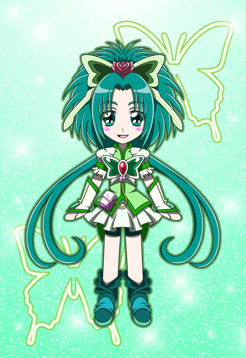 akimoto_komachi bike_shorts blush_stickers brooch bug butterfly butterfly_hair_ornament cure_mint full_body green green_background green_eyes green_hair green_shorts hair_ornament highres insect jewelry long_hair md5_mismatch monyotarosu precure shoes shorts shorts_under_skirt skirt smile solo twintails yes!_precure_5