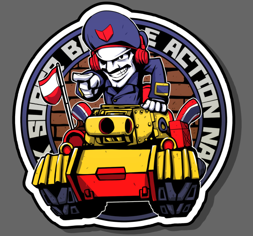 1boy battle_city_(game) black_eyes blue_hat blue_jacket colored_skin commentary_request deformed facial_hair flag grin hat headphones jacket jerry_can male_focus military_uniform military_vehicle motor_vehicle mustache muzzle_device outline peaked_cap pointing sakurajyousui_nami smile solo tank tank_cupola white_outline white_skin