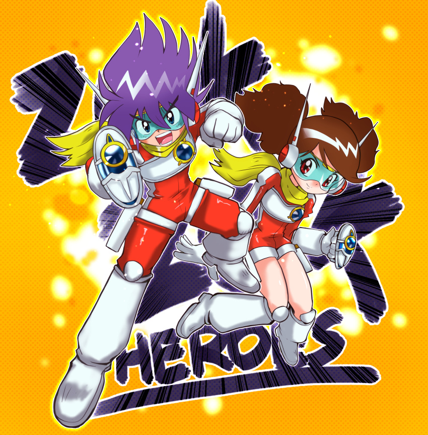 1boy 1girl assault_visor black_eyes blue_assault_visor bodysuit boots brown_hair chest_guard closed_mouth commentary_request copyright_name emphasis_lines gloves highres holding kaze_ippei knee_boots mina_(zok_zok_heroes) open_mouth purple_hair radio_antenna red_bodysuit red_eyes sakurajyousui_nami scarf smile spiked_hair twintails white_boots white_gloves yellow_scarf zok_zok_heroes