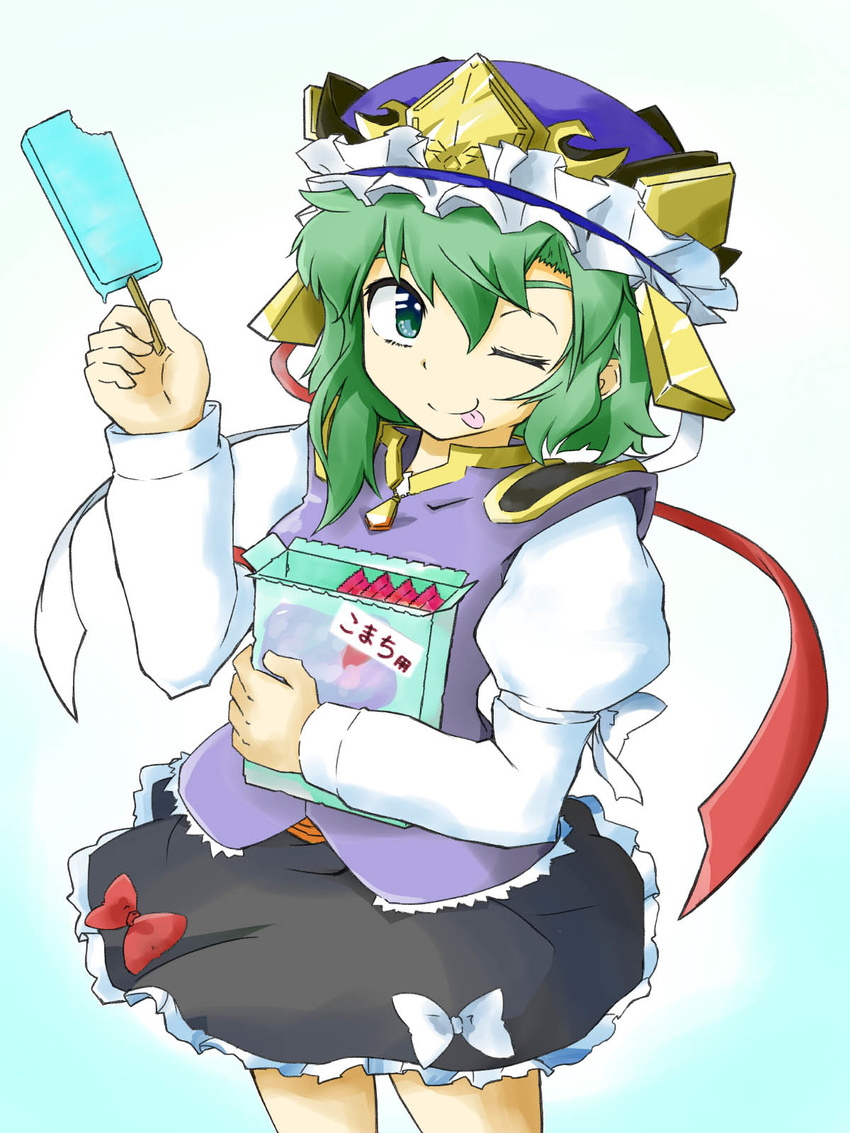 ;p blue_eyes box food green_hair hat highres one_eye_closed popsicle ribbon shiki_eiki short_hair skirt smile solo tokko_ripua tongue tongue_out touhou