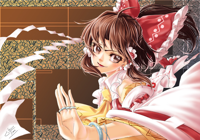 bow bracelet classictime detached_sleeves hair_bow hakurei_reimu jewelry ring solo touhou