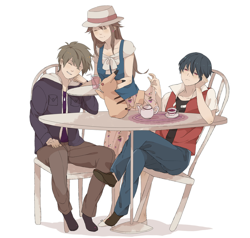 2boys bad_id bad_pixiv_id black_hair blue_(pokemon) brown_hair chair chair_tipping chin_rest closed_eyes collarbone cup drink drinking_straw gen_1_pokemon grin hat highres jacket jewelry leaning_back long_hair mata_tabi multiple_boys necklace no_hat no_headwear ookido_green pikachu pokemon pokemon_(creature) pokemon_(game) pokemon_frlg pokemon_hgss pokemon_rgby red_(pokemon) red_(pokemon_rgby) red_eyes short_hair simple_background sitting skirt skirt_lift smile table teacup teapot tray white_background