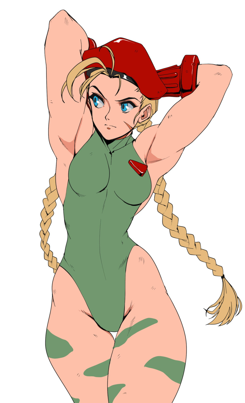 1girl absurdres ahoge armpits arms_behind_head arms_up bare_shoulders blue_eyes braid breasts cammy_white camouflage david_liu fingerless_gloves garrison_cap gloves green_leotard hat highres huge_ahoge leotard long_hair looking_to_the_side medium_breasts scar serious simple_background solo street_fighter street_fighter_ii_(series) street_fighter_iv_(series) street_fighter_v street_fighter_zero_(series) thong_leotard white_background