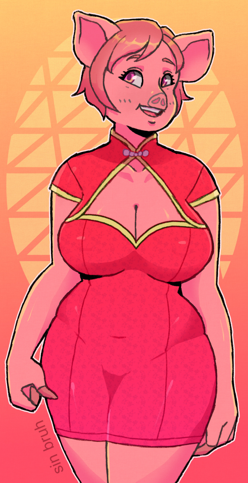 2019 anthro big_breasts blush breasts chinese_clothing chinese_dress clothed clothing digital_media_(artwork) dress female hair hi_res huge_breasts mammal open_mouth pig pink_eyes pink_hair porcine simple_background sin_bruh skimpy smile solo thick_thighs