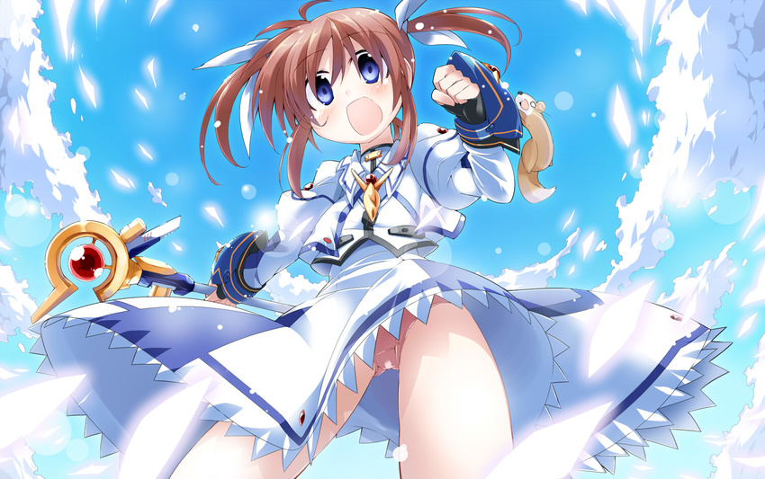 bibi blue_eyes blush brown_hair clenched_hand cloud day lyrical_nanoha mahou_shoujo_lyrical_nanoha open_mouth panties pantyshot pink_panties raising_heart short_hair sky solo staff takamachi_nanoha twintails underwear yuuno_scrya