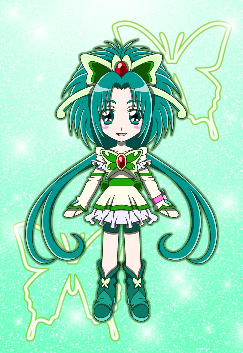 akimoto_komachi bike_shorts blush_stickers brooch bug butterfly butterfly_hair_ornament cure_mint full_body green green_background green_eyes green_hair green_shorts hair_ornament highres insect jewelry long_hair md5_mismatch monyotarosu precure shoes shorts shorts_under_skirt skirt smile solo twintails yes!_precure_5