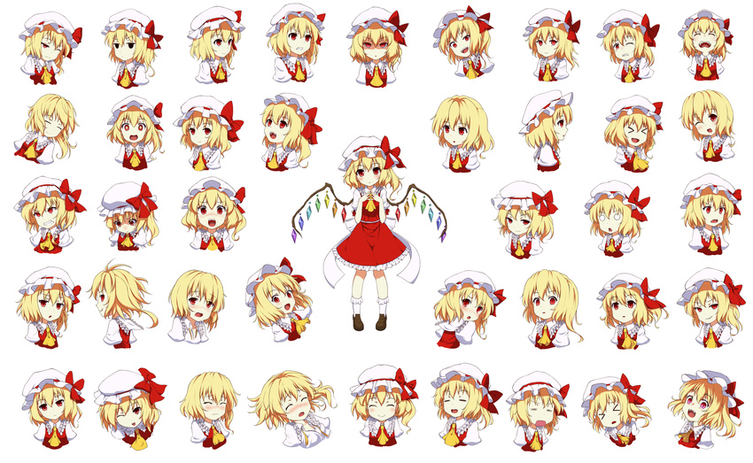&gt;_&lt; 1girl :&lt; :d :t ^_^ angry annoyed ascot blonde_hair blush bobby_socks bow clenched_teeth closed_eyes crying expressions fang fangs fingers_together flandre_scarlet grin happy hat hat_bow hat_ribbon head_tilt highres jitome large_bow loafers looking_back looking_down messy_hair mount_whip multiple_views no_hat no_headwear o_o one_eye_closed open_clothes open_mouth open_shirt pout profile red_eyes ribbon shaded_face shirt shoes short_hair side_ponytail simple_background skirt skirt_set sleeping slit_pupils smile smirk socks surprised tears teeth tired tongue tongue_out touhou undone upper_body vest white_background white_legwear wince wings