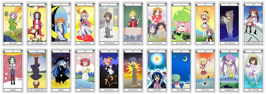 6+girls absurdres asahina_mikuru asahina_mikuru_(cosplay) card_(medium) cat caterpillar_tracks cherry_(lucky_star) clerk_nagato cosplay dog english everyone food fruit glasses ground_vehicle highres hiiragi_kagami hiiragi_matsuri hiiragi_miki hiiragi_tadao hiiragi_tsukasa iwasaki_minami ixy izumi_kanata izumi_konata izumi_soujirou kobayakawa_yutaka kogami_akira kuroi_nanako kusakabe_misao long_image lucky_star lyrical_nanoha mahou_shoujo_lyrical_nanoha melon military military_vehicle minegishi_ayano motor_vehicle multiple_boys multiple_girls nagamori_yamato nagato_yuki nagato_yuki_(cosplay) narumi_yui parody patricia_martin sakuraba_hikaru shiraishi_minoru star suzumiya_haruhi_no_yuuutsu takamachi_nanoha takamachi_nanoha_(cosplay) takara_miyuki takara_yukari tamura_hiyori tank tarot tarot_set va wide_image yasaka_kou