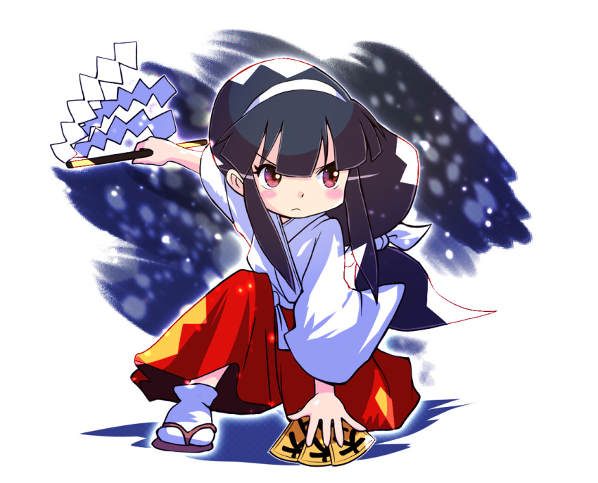 1girl black_hair border bow brown_eyes closed_mouth commentary_request full_body gohei hair_bow hairband hakama hakama_pants holding holding_gohei holding_ofuda japanese_clothes kiki_kaikai kiki_kaikai_(series) kimono long_hair long_sidelocks low-tied_long_hair miko ofuda on_one_knee pants red_hakama sakurajyousui_nami sandals sayo_(kiki_kaikai) serious sidelocks socks solo tabi white_border white_hairband white_kimono white_socks wide_sleeves zouri