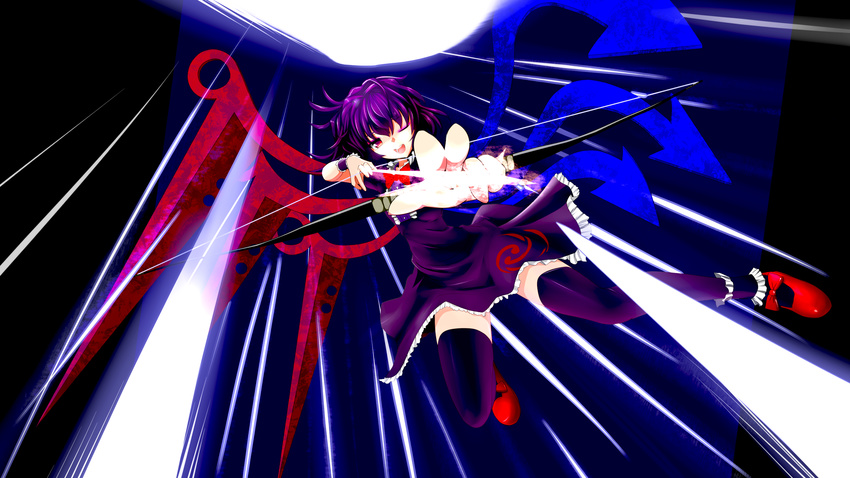 ahoge ankle_cuffs asymmetrical_wings black_hair black_legwear bow_(weapon) dress highres houjuu_nue ishikkoro lasers one_eye_closed open_mouth red_eyes short_hair solo thighhighs touhou weapon wings wrist_cuffs zettai_ryouiki