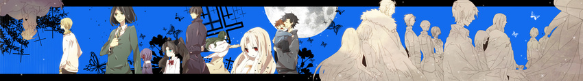 6+girls absurdres alternate_hairstyle arms_behind_back artoria_pendragon_(all) assassin_(fate/zero) berserker_(fate/zero) black_hair blonde_hair blue_background blue_eyes bow bowtie bracelet brother_and_sister brown_hair bug butterfly carrying caster_(fate/zero) child closed_eyes cross dress emiya_kiritsugu emiya_shirou everyone family fate/zero fate_(series) father_and_daughter father_and_son full_moon gilgamesh green_eyes hair_bow hair_down hair_ribbon hand_on_own_chest hands_on_own_cheeks hands_on_own_face haru_(toudai) highres hisau_maiya illyasviel_von_einzbern insect irisviel_von_einzbern japanese_clothes jewelry kayneth_el-melloi_archibald kimono kotomine_kirei lancer_(fate/zero) letterboxed long_hair long_image matou_kariya matou_sakura moon mother_and_daughter mother_and_son multiple_boys multiple_girls necklace necktie open_mouth purple_hair red_eyes ribbon rider_(fate/zero) saber shawl short_hair siblings simple_background sisters smile sola-ui_nuada-re_sophia-ri spoilers tears toosaka_aoi toosaka_rin toosaka_tokiomi twintails upside-down uryuu_ryuunosuke waver_velvet white_hair wide_image