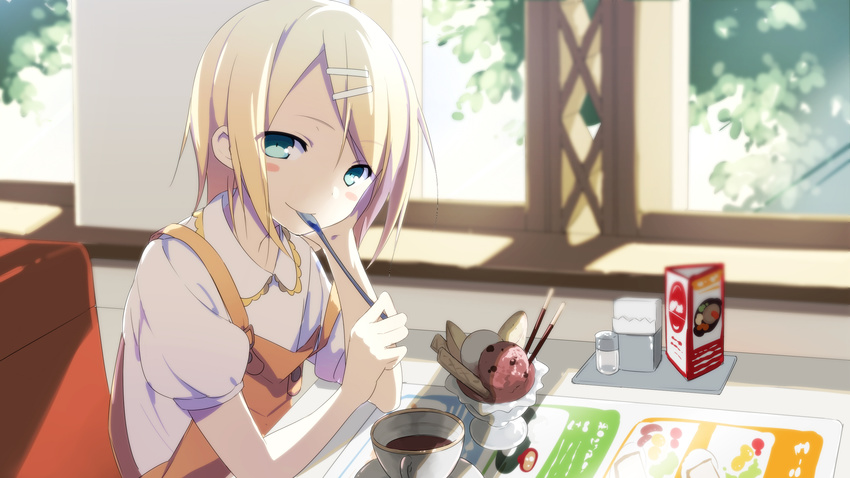 blonde_hair blue_eyes cup food hair_ornament hairclip highres ice_cream kagamine_rin looking_at_viewer mouth_hold sama short_hair smile solo spoon vocaloid
