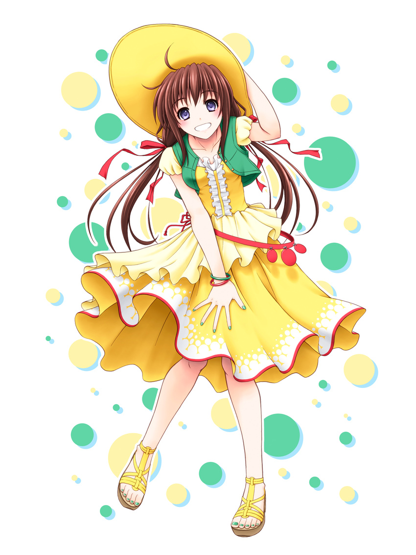 bangle bare_arms bracelet brown_hair c.c._lemon c.c._lemon_(character) center_frills commentary_request dress feet full_body green_nails hair_ribbon hat highres horiguchi_hiroshi jewelry long_hair looking_at_viewer nail_polish purple_eyes ribbon sandals solo toenail_polish toes twintails white_background yellow_frills
