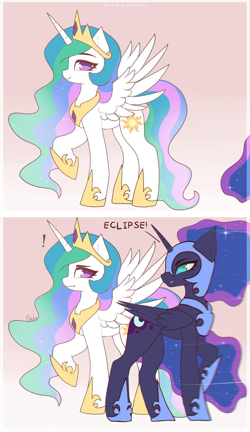1_horn absurd_res blue_hair blue_hooves closed_smile comic crescent_moon_(marking) crown cutie_mark dialogue digital_drawing_(artwork) digital_media_(artwork) duo english_text equid equine eyelashes feathered_wings feathers female female_feral feral flat_colors friendship_is_magic gold_(metal) gold_tiara gradient_background hair hasbro headgear hi_res highlights_(coloring) hooves horn krita_(artwork) looking_at_viewer mammal markings moon_(marking) mouth_closed multicolored_hair multicolored_tail my_little_pony mythological_creature mythological_equine mythology nightmare_moon_(mlp) nnalyart open_mouth open_smile paintstorm_(artwork) pink_background princess_celestia_(mlp) purple_body purple_eyes purple_highlights purple_horn purple_wings quadruped side_view simple_background smile sparkles sparkling_hair spiral_horn sun_(marking) tail teal_eyes text tiara white_body white_wings winged_unicorn wings yellow_hooves