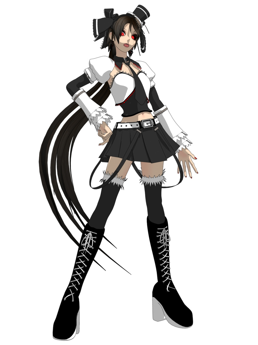 3d android belt black_hair boots bow buckle calne_ca cross-laced_footwear crustacean full_body hair_bow hair_ribbon hand_on_hip hat highres isopod jewelry lace-up_boots long_hair looking_at_viewer maeda_koutarou midriff nail_polish nato-kun navel necktie open_mouth original red_eyes ribbon simple_background skirt solo suspenders thighhighs very_long_hair vocaloid white_background