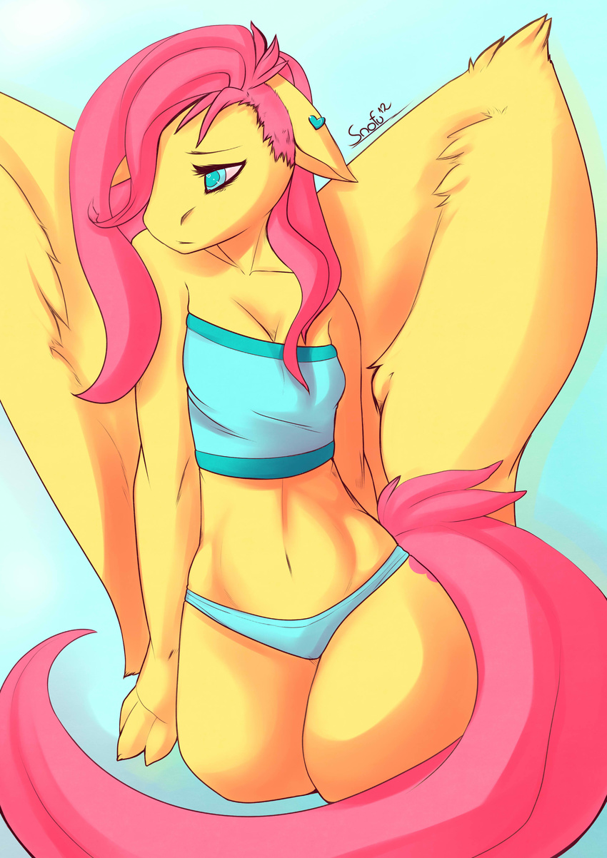 &hearts; &lt;3 absurd_res anthro anthrofied blue_eyes breasts cleavage cloth clothed clothing cutie_mark equine female fluttershy_(mlp) friendship_is_magic hair hi_res horse long_hair mammal my_little_pony navel panties pegasus piercing pink_hair pony snofu solo underwear wings