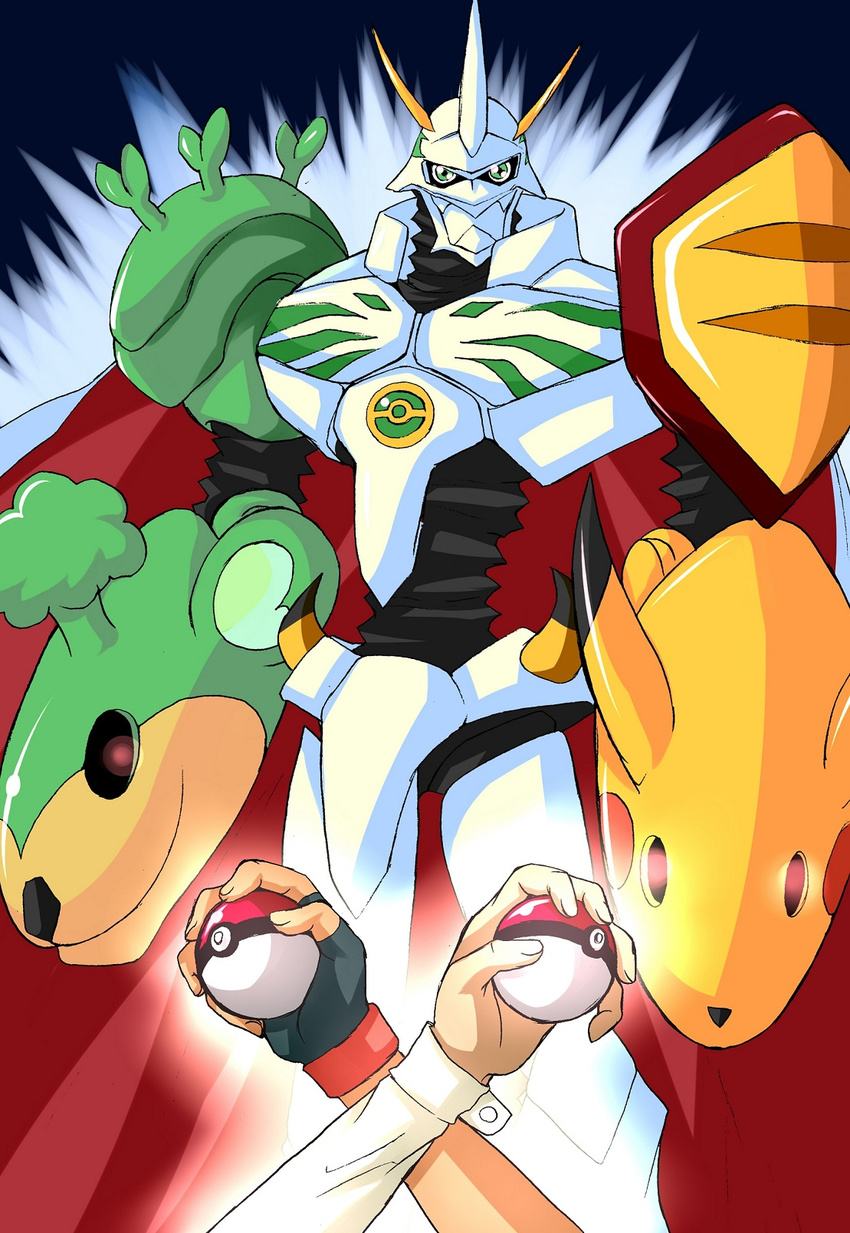 2boys armor cape child dent_(pokemon) dento_(pokemon) digimon epic full_armor green_eyes highres mecha monster multiple_boys omegamon omnimon pansage parody pikachu pokemon royal_knights satoshi_(pokemon) turizao