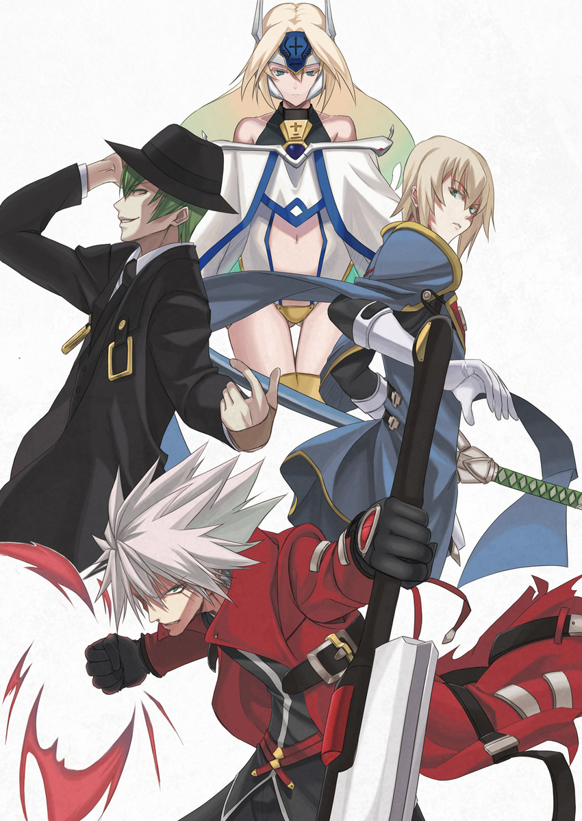 3boys blazblue blonde_hair blue_eyes fedora gloves green_hair grin hat hazama highres jin_kisaragi long_hair mu-12 multiple_boys ragna_the_bloodedge sengoku_aky silver_hair smile sword uniform weapon yellow_eyes yukianesa