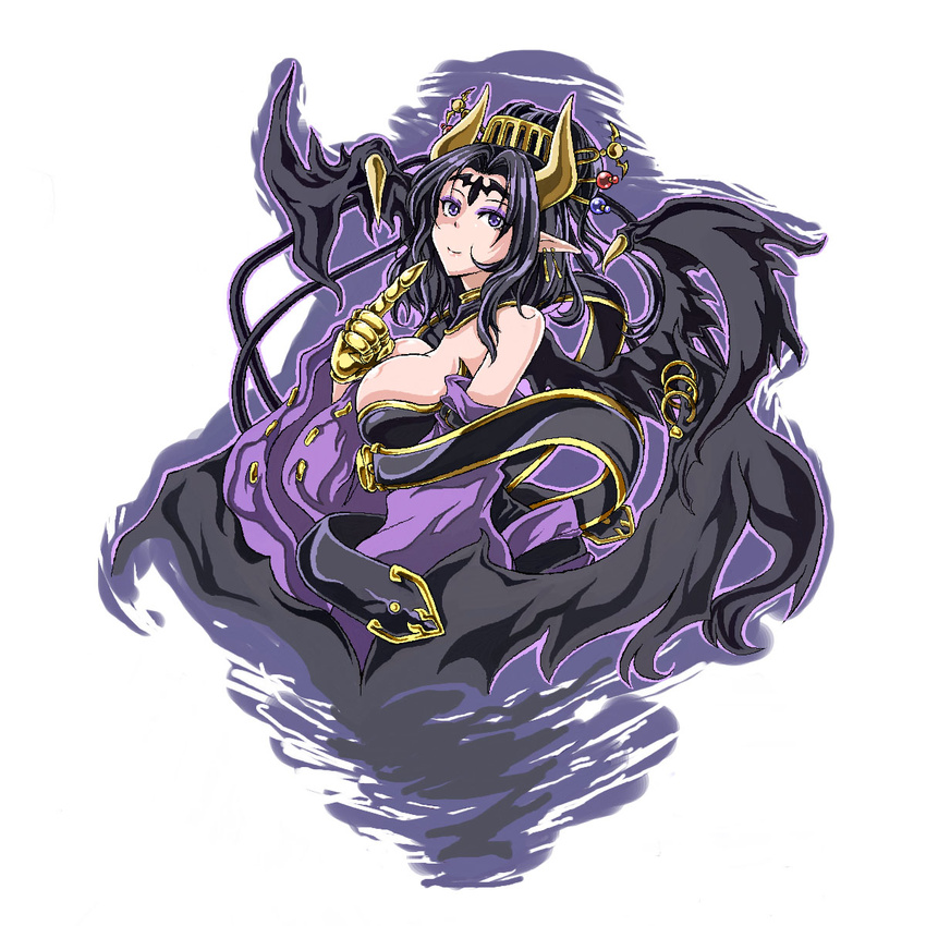 bare_shoulders bat bat_wings black_hair breasts claws cleavage dawadawa_dawasa demon_girl digimon earrings facial_mark forehead_mark hair_ornament highres horns jewelry large_breasts lilithmon pointy_ears purple_eyes solo upper_body wings