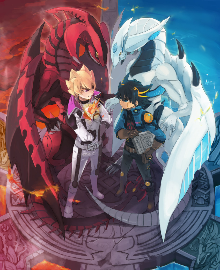 blonde_hair book dragon duel_monster earrings fire fudou_yuusei gloves grin highres jack_atlas jacket jewelry male_focus mayday multicolored_hair multiple_boys red_nova_dragon shooting_star_dragon short_hair smile spiked_hair streaked_hair tattoo yuu-gi-ou yuu-gi-ou_5d's