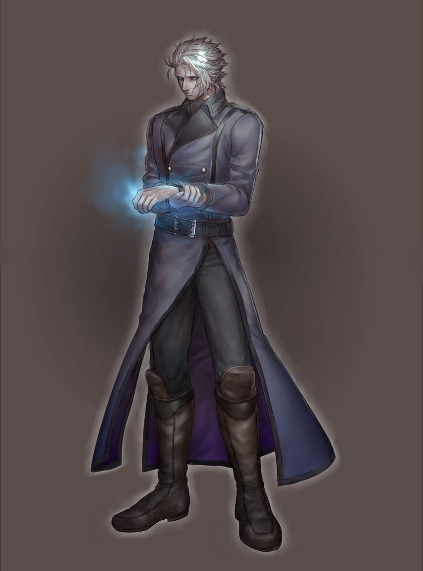 bad_id bad_pixiv_id blue_eyes boots devil_may_cry glowing glowing_hand highres male_focus san_moto solo trench_coat vergil white_hair